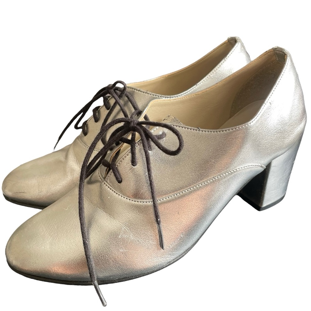 American Apparel Silver Bobby Lace Up Oxford Chunky Heel Size 6.5 Good Condition